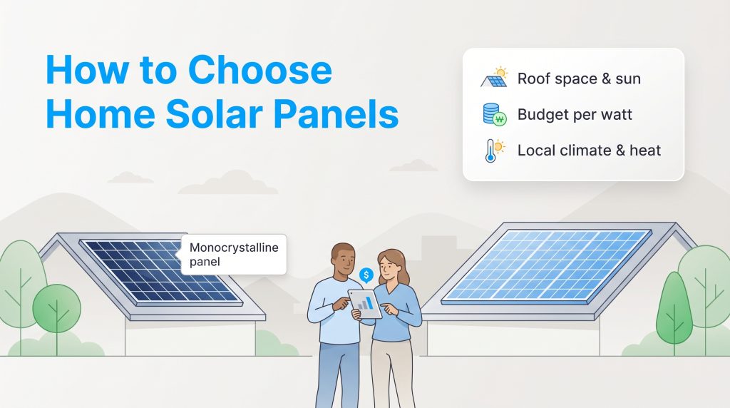 Guide on selecting home solar panels based on roof space, budget, and climate.
