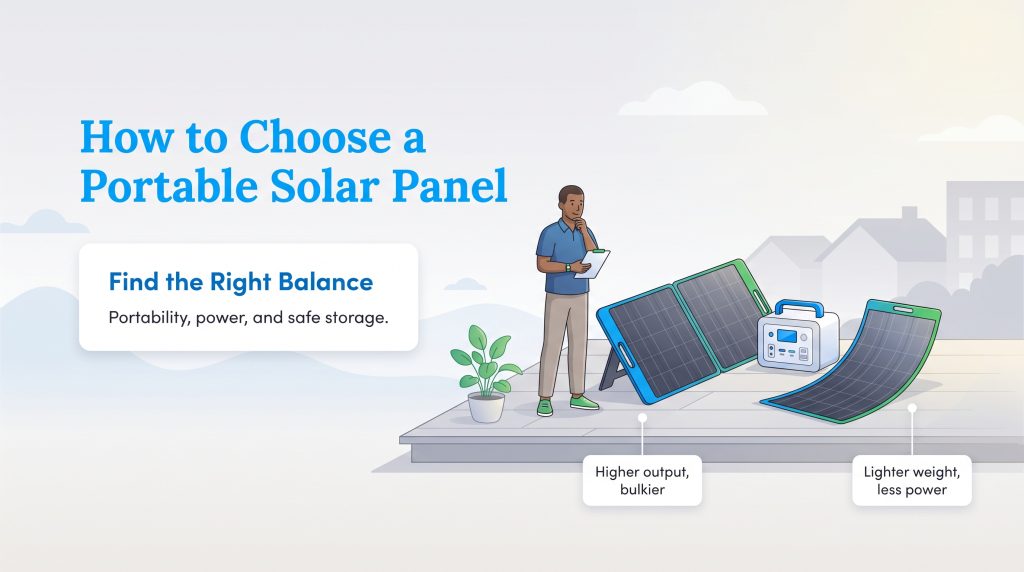 Illustration of a man comparing folding and flexible portable solar panels on a balcony.