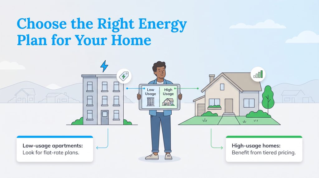 Low-usage apartments need flat-rate plans while high-usage homes benefit from tiered pricing.