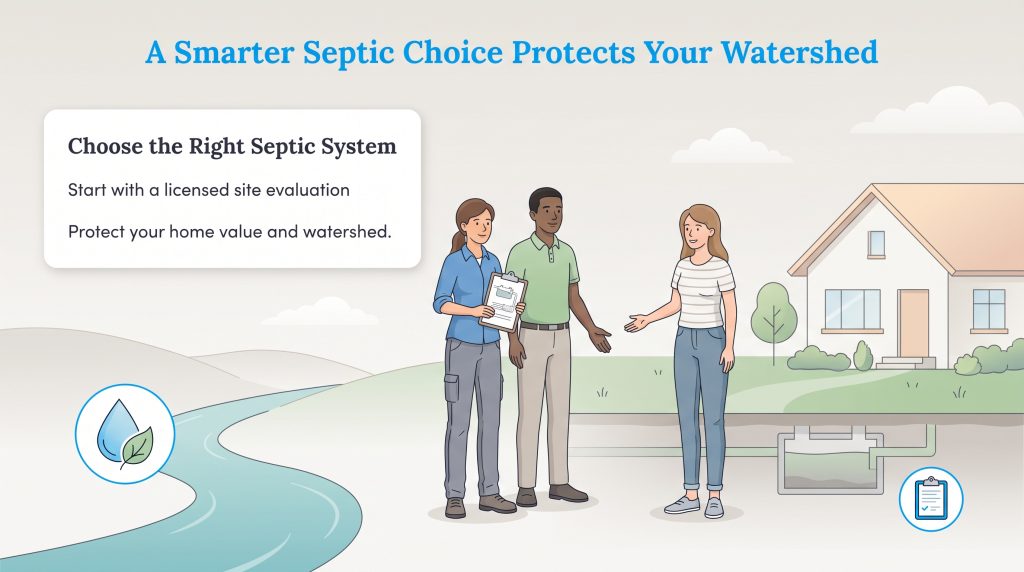 Professionals advising a homeowner on septic systems near a house and a clean river.
