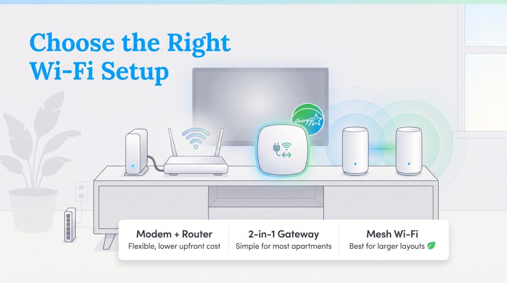 Graphic showing three Wi-Fi setups: Modem and Router, 2-in-1 Gateway, and Mesh Wi-Fi.