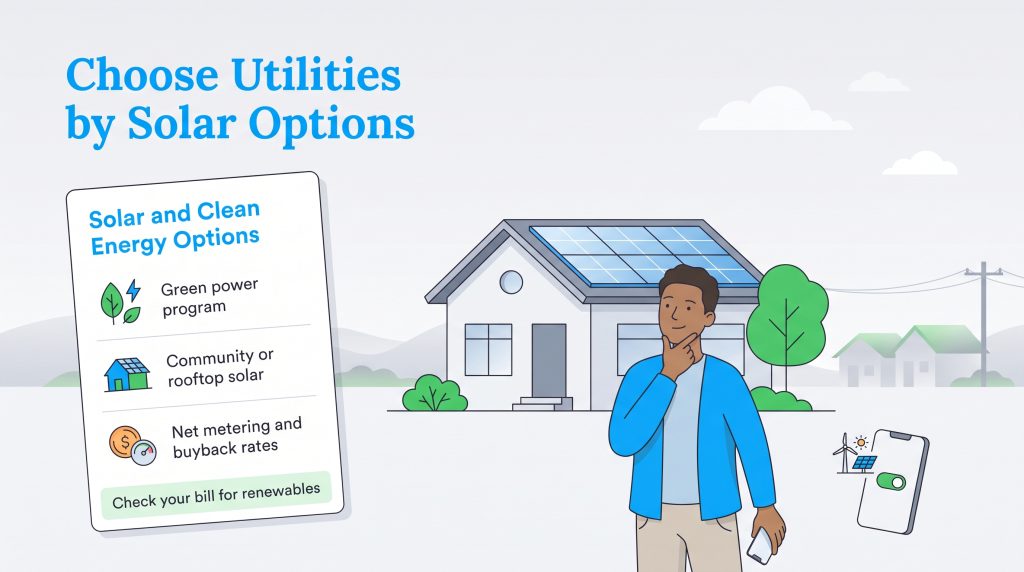 Man considering utility solar options next to a house with rooftop solar panels.