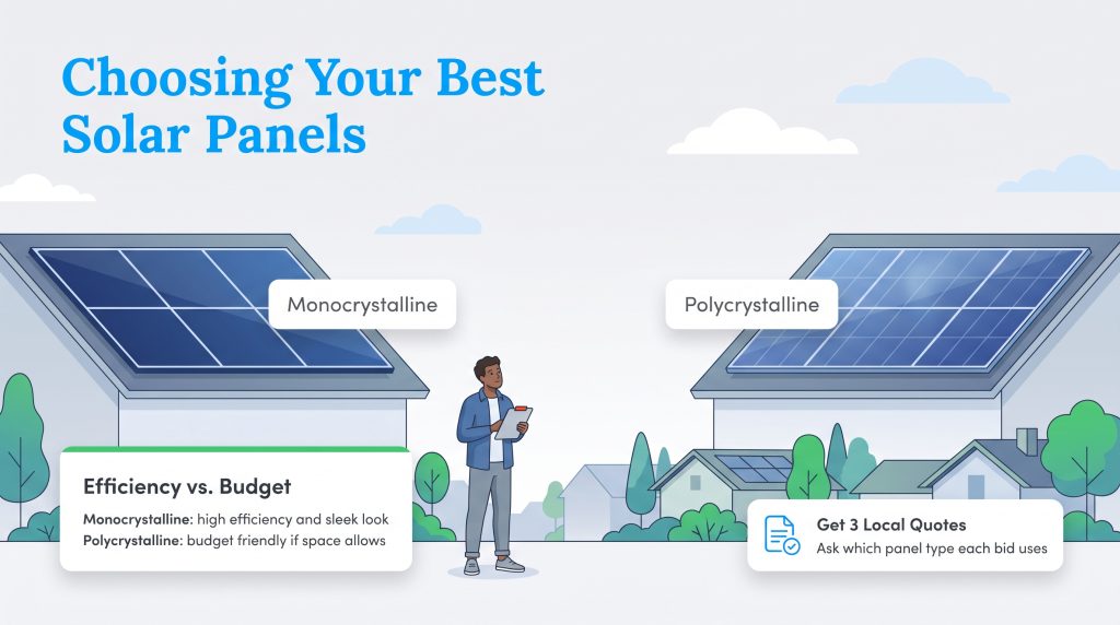 Illustration comparing monocrystalline and polycrystalline solar panels on house roofs.