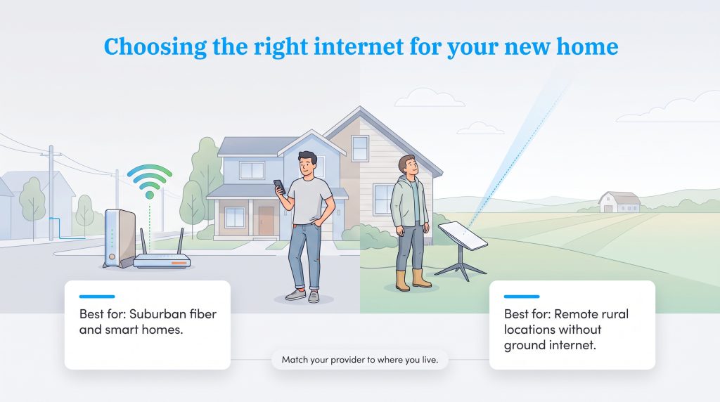 Illustration comparing suburban fiber internet with rural satellite internet options.