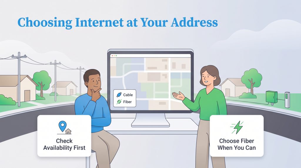 Illustration of people checking cable and fiber internet availability on a map