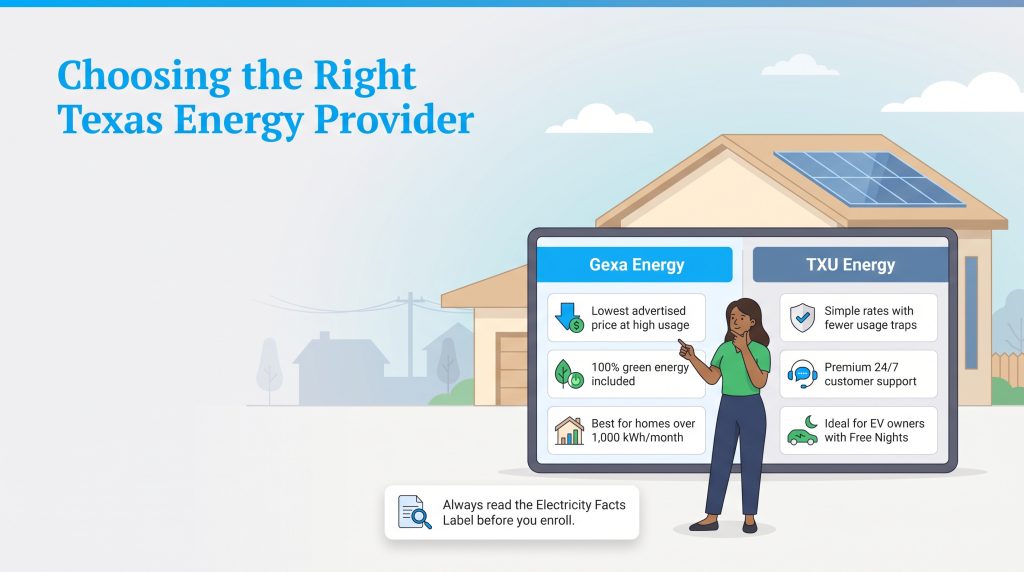 Chart comparing benefits of Gexa Energy and TXU Energy in Texas