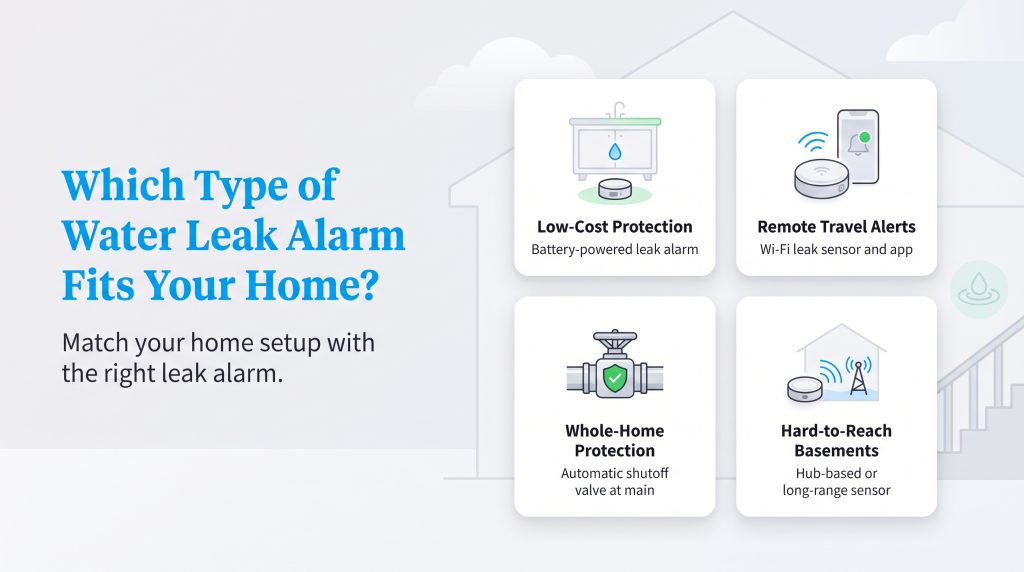 Guide showing four water leak alarm types: battery, Wi-Fi, automatic shutoff, and long-range.