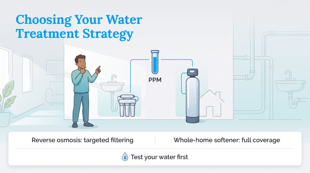 Graphic illustrating reverse osmosis filtering versus a whole-home water softener system.