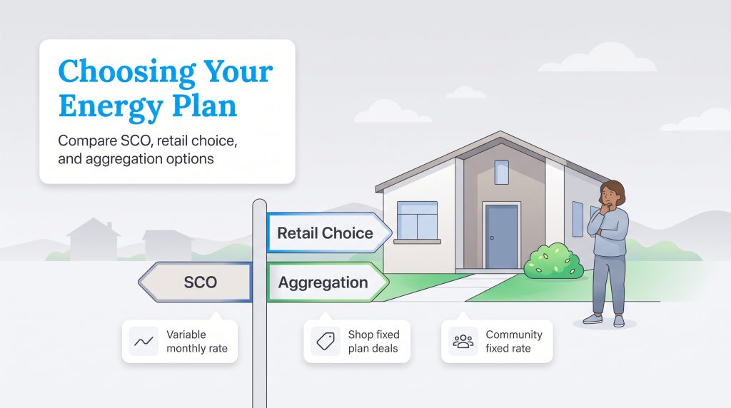 A signpost comparing SCO, Retail Choice, and Aggregation energy plans in front of a house