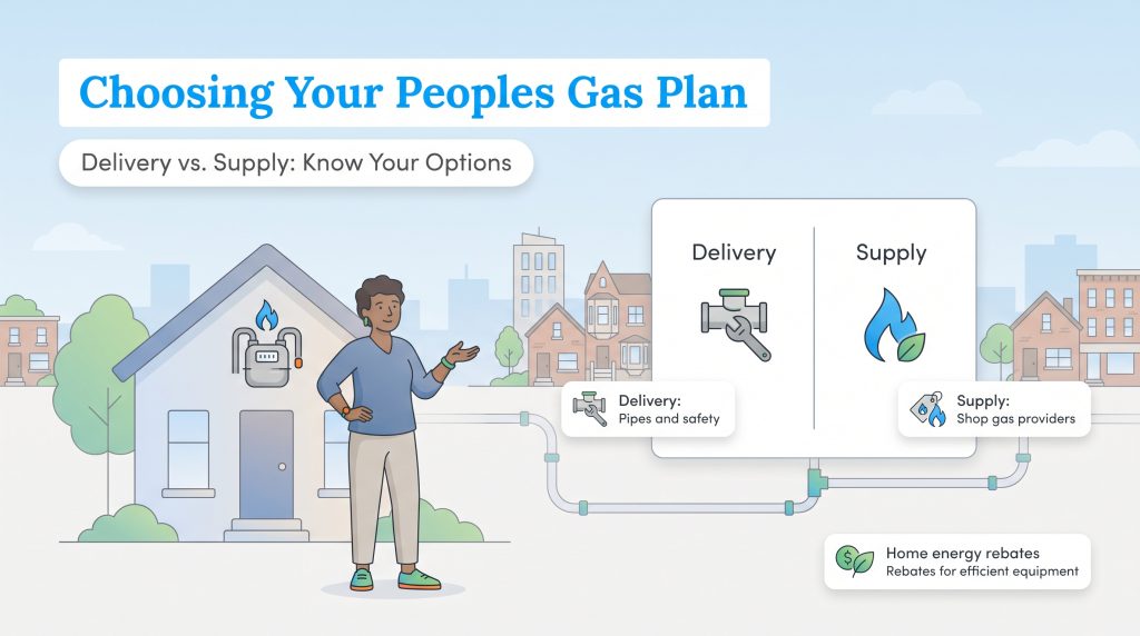 Graphic explaining Peoples Gas delivery and supply charge options for Chicago homes