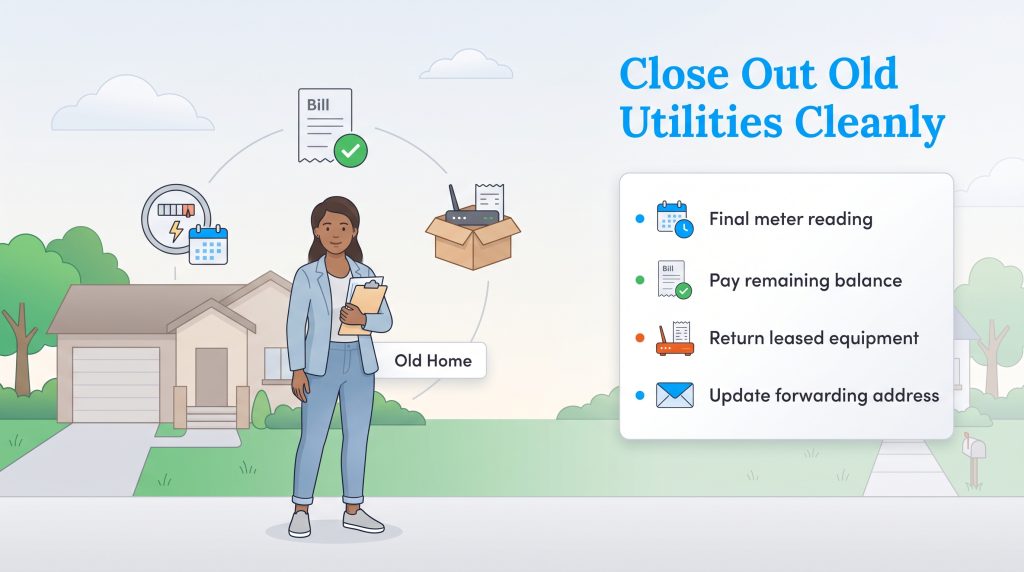 Illustration of a checklist for cleanly closing out utilities when leaving an old home