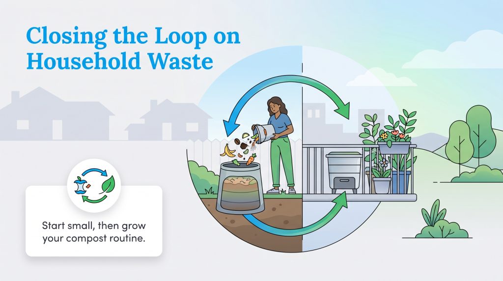An illustration of backyard and balcony composting methods in a circular diagram