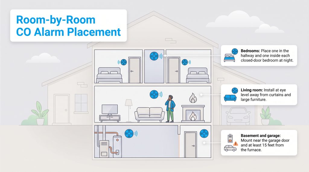 Diagram showing recommended room-by-room locations for carbon monoxide alarms in a home.
