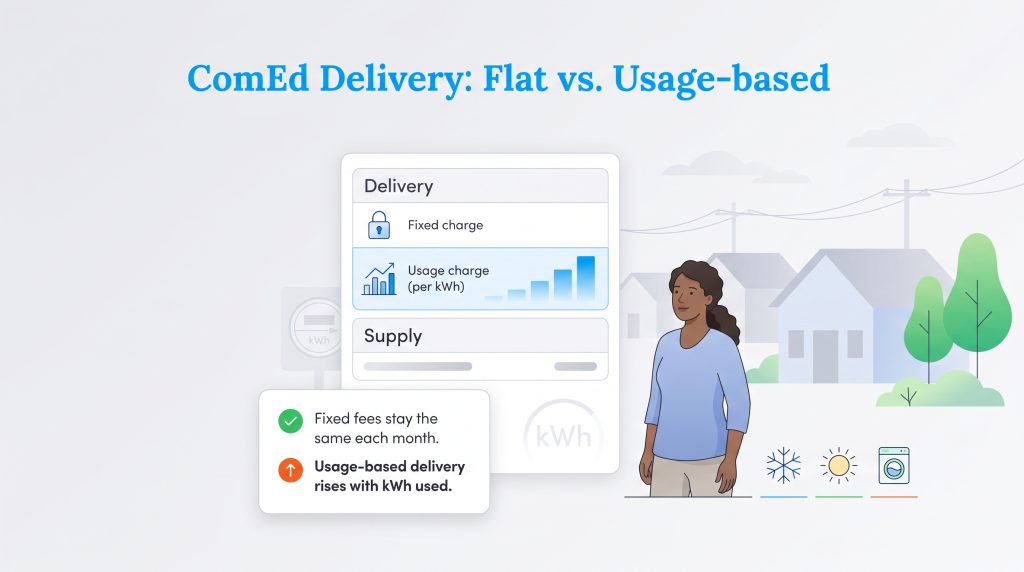 Infographic explaining ComEd flat versus usage-based delivery charges.