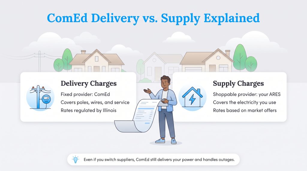Comparison of ComEd delivery charges and supply charges for Illinois electricity customers