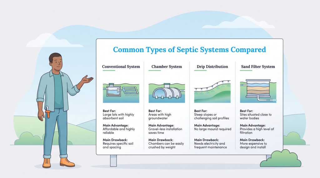 Diagram comparing conventional, chamber, drip distribution, and sand filter septic systems