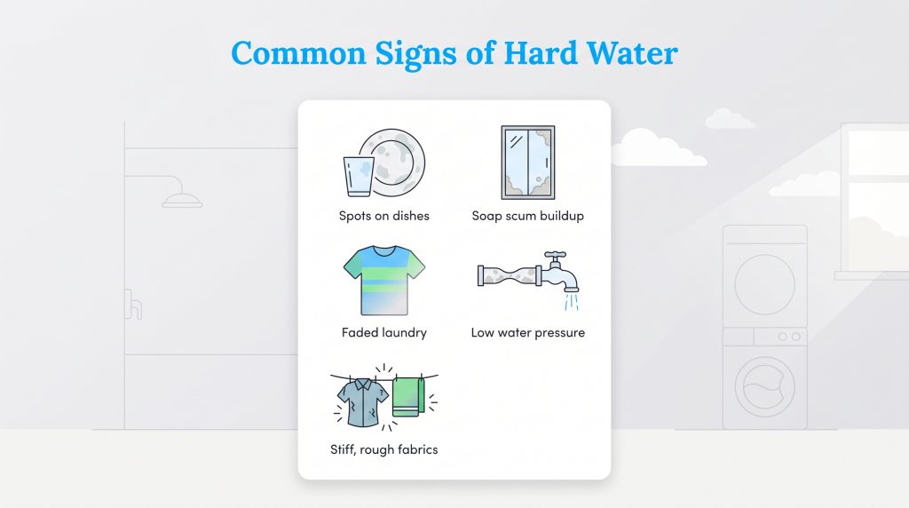 Icons showing spots on dishes, soap scum, faded laundry, low water pressure, and stiff fabrics.