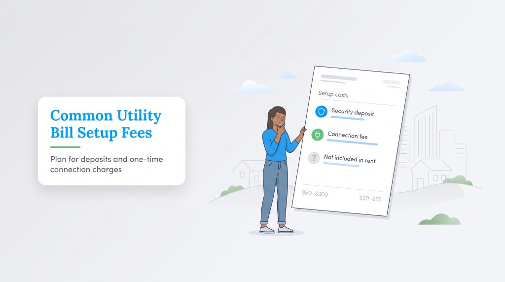 Woman reviewing a bill with setup fees like security deposits and connection fees