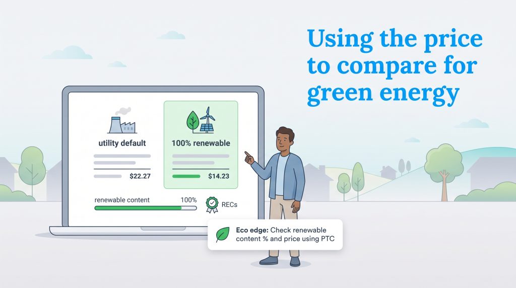 Illustration comparing utility default rates with cheaper 100% renewable energy plans on a laptop