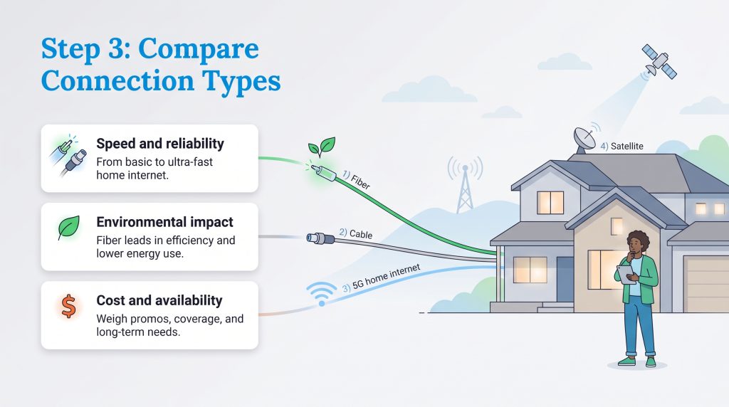 Diagram showing fiber, cable, 5G, and satellite internet connection options for a house