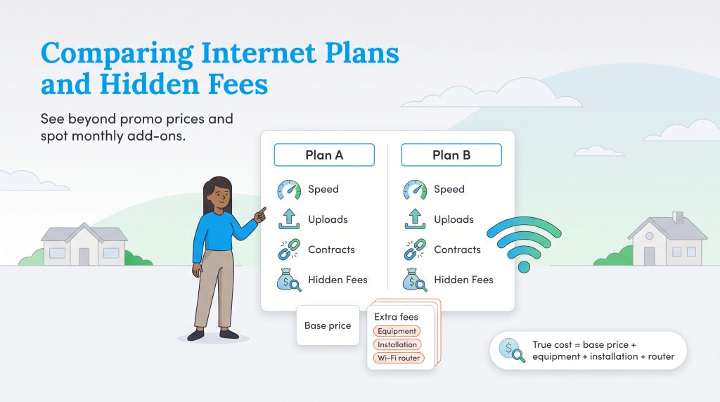 Graphic comparing two internet plans based on speed, contracts, and extra fees.