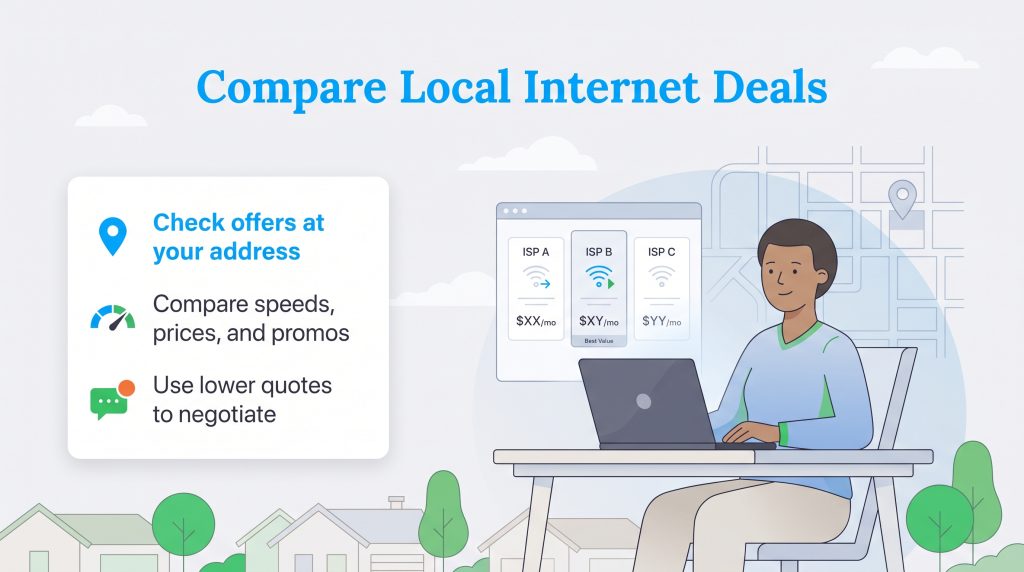 Illustration of a person on a laptop comparing different local internet provider prices