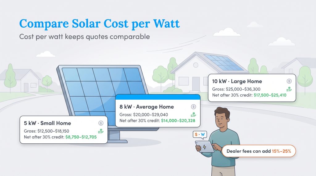 Infographic showing solar costs for 5kW, 8kW, and 10kW systems before and after tax credits.