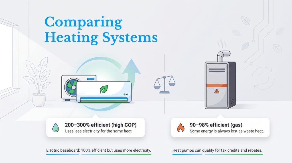 Graphic comparing heat pump efficiency (200-300%) with gas furnace efficiency (90-98%).