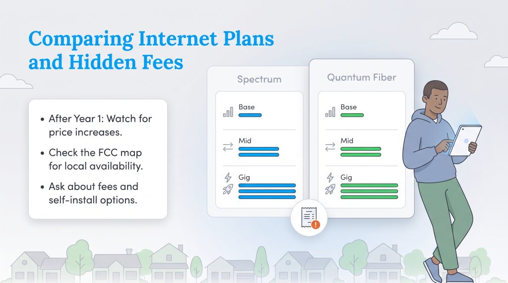 Graphic comparing Spectrum and Quantum Fiber internet tiers with tips on hidden fees