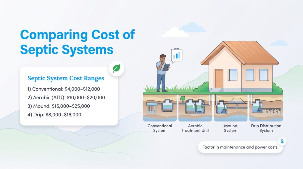 Chart comparing installation costs of conventional, aerobic, mound, and drip septic systems