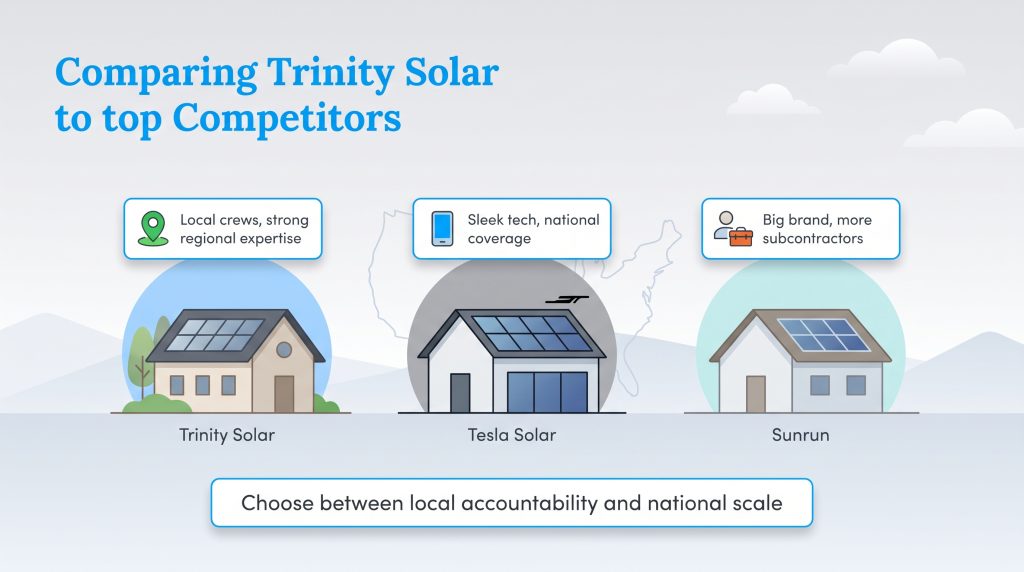 Infographic comparing Trinity Solar regional advantages to Tesla and Sunrun national scale.