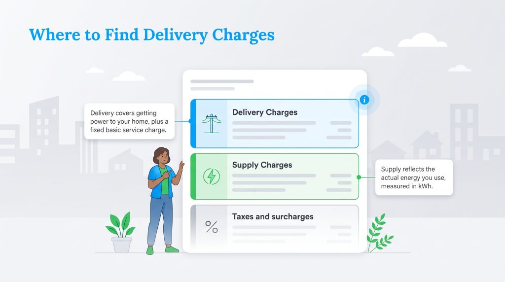 Diagram showing the breakdown of delivery and supply charges on a utility bill.