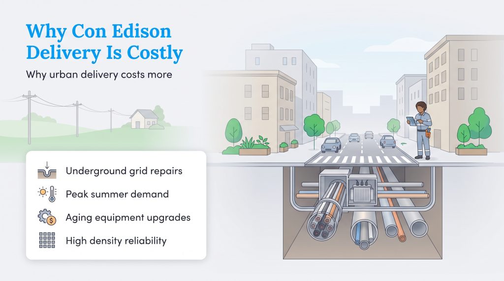 Graphic comparing simple suburban utility poles to complex underground urban grid infrastructure