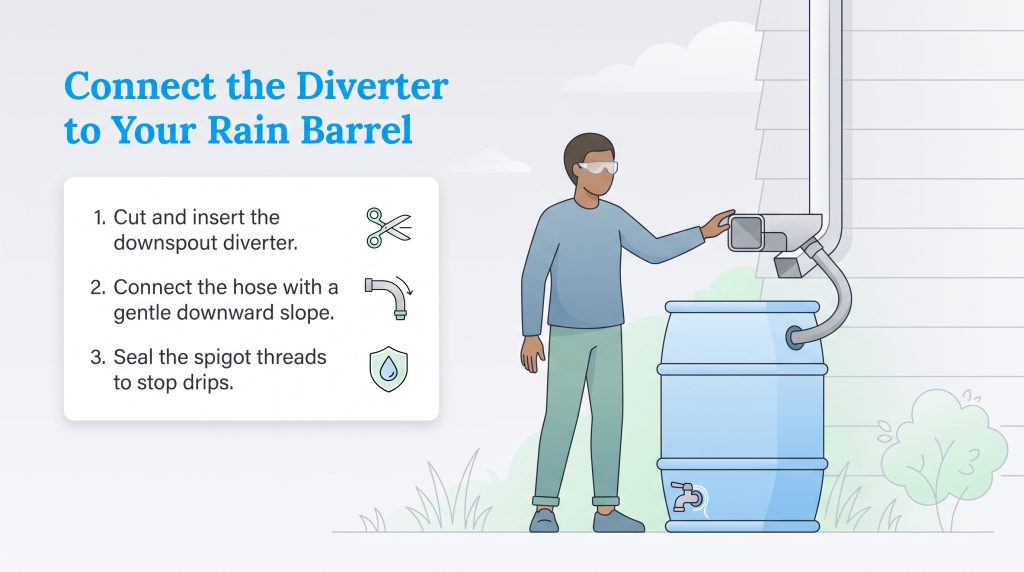 An illustration of a person installing a downspout diverter connected to a blue rain barrel