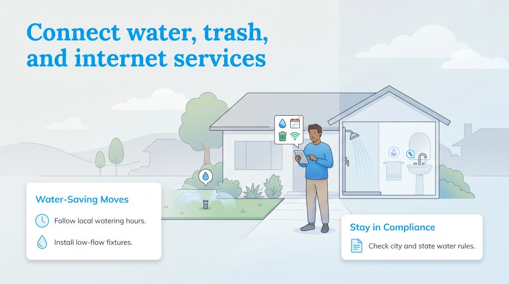 A man manages water trash and internet services on a tablet outside his home