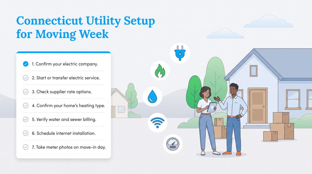 A 7-step Connecticut utility setup checklist beside an illustration of a couple moving in