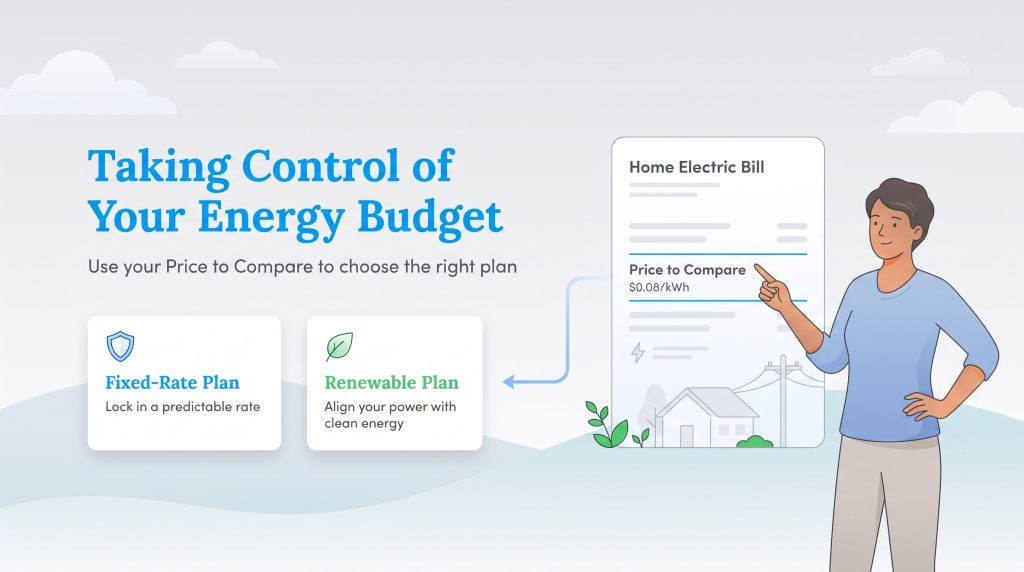 A person pointing to the Price to Compare rate on a utility bill to choose a new energy plan.