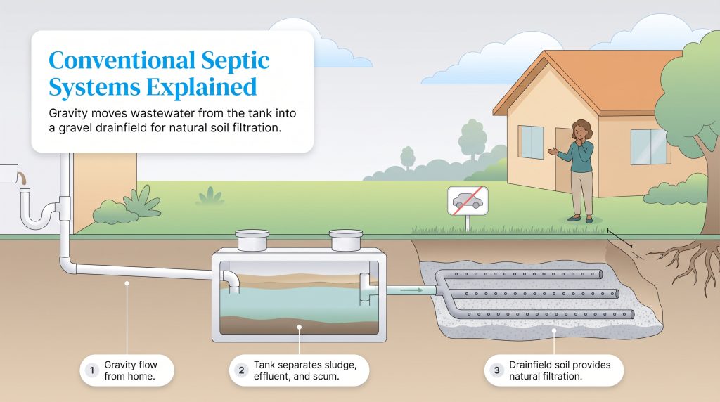 Cross-section diagram of a conventional septic system showing tank and soil filtration.