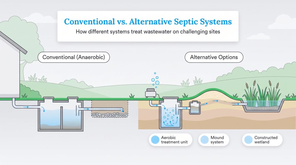 Comparison diagram of conventional anaerobic and alternative residential septic systems.