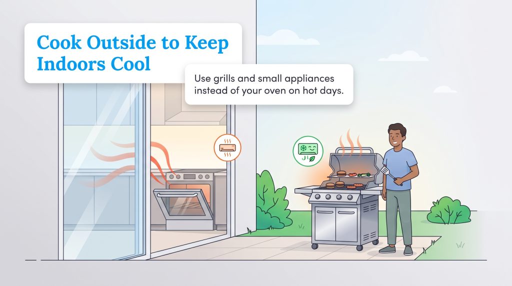 Illustration of a man grilling outdoors while an indoor oven emits heat waves