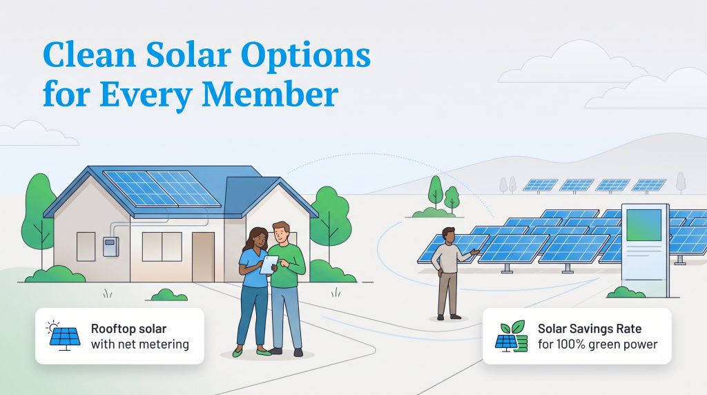 Illustration showing rooftop solar panels on a house and a large-scale utility solar farm.