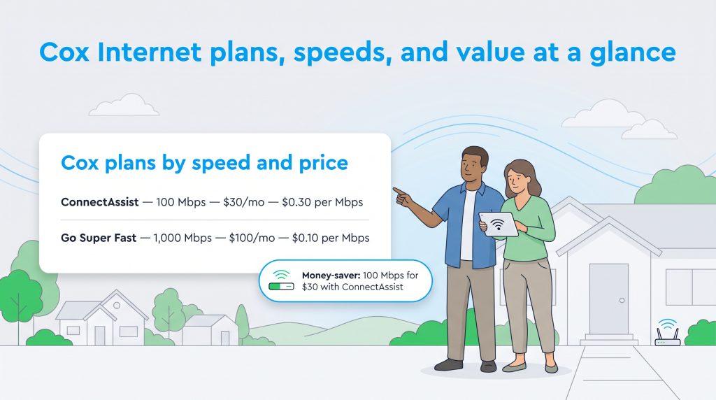 Illustration of Cox internet plan options by speed and monthly price