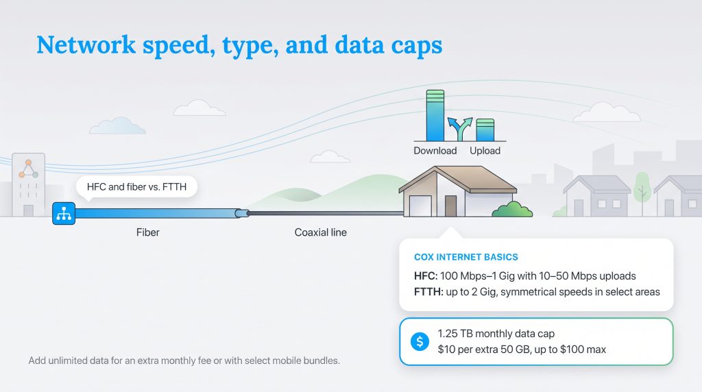 Infographic showing Cox internet HFC vs FTTH speeds and a 1.25 TB monthly data cap.