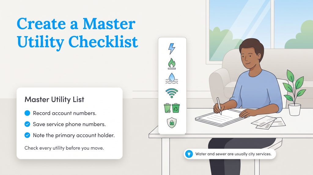 Illustration of a person writing a master checklist of utilities before moving.