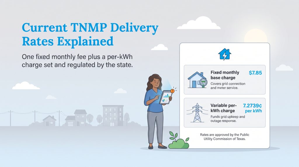 Breakdown of TNMP delivery charges with a 7.85 dollar fixed fee and 7.2739 cents per kWh rate.