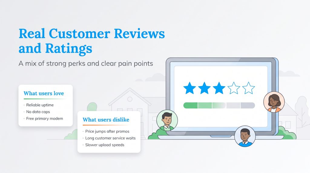 Graphic summarizing internet provider pros like reliable uptime and cons like price increases