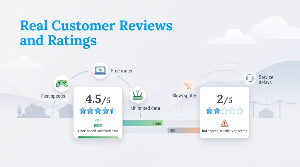 Comparison of customer ratings between fiber internet with 4.5 stars and DSL with 2 stars.