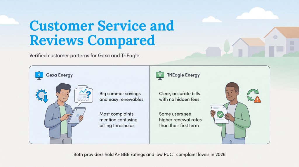 Infographic comparing customer reviews and service ratings for Gexa and TriEagle Energy