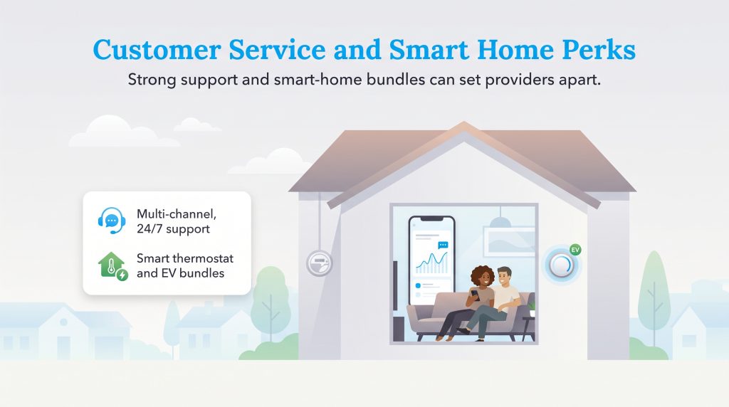 Illustration of a smart home highlighting support services, EV and smart thermostat bundles.