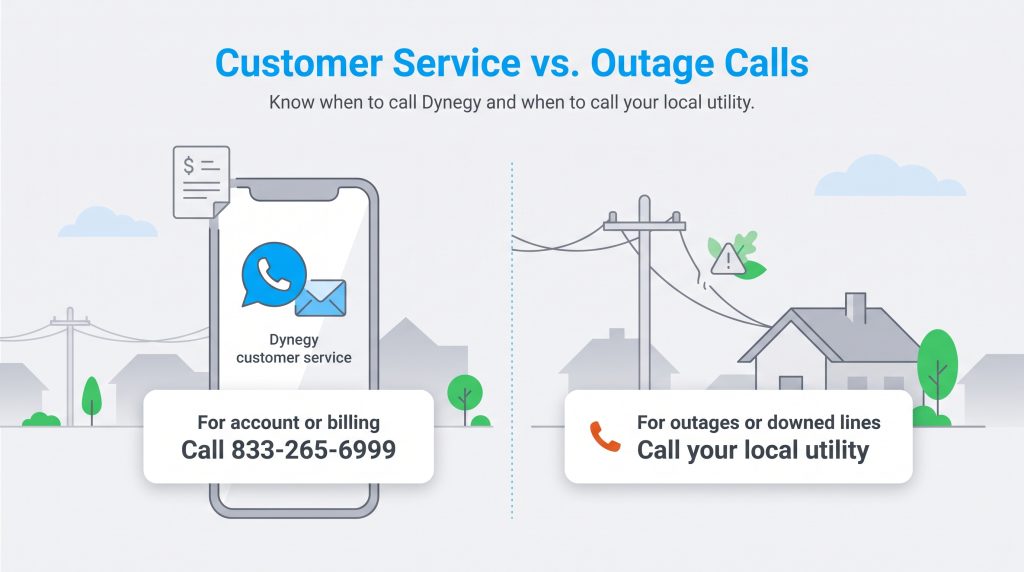 Graphic comparing when to call Dynegy for billing versus your utility for power outages